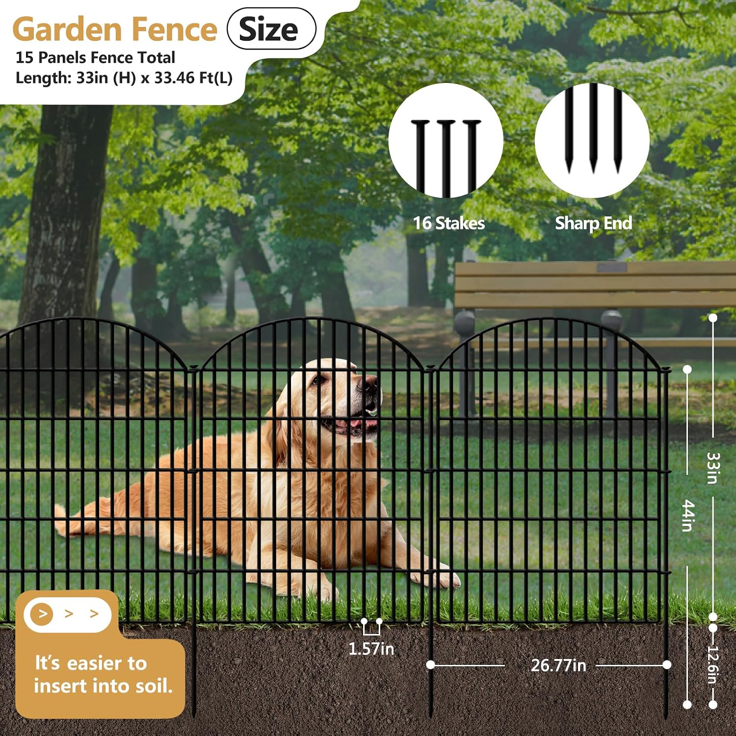 GILPWA 15 Panels Decorative Garden Metal Fence, 33in (H) x 33.46ft (L) No Dig Dog Fencing for Outdoor Yard, Rustproof Animal Ground Stakes Temporary Panel Border Barrier for Patio Flower Bed Camping