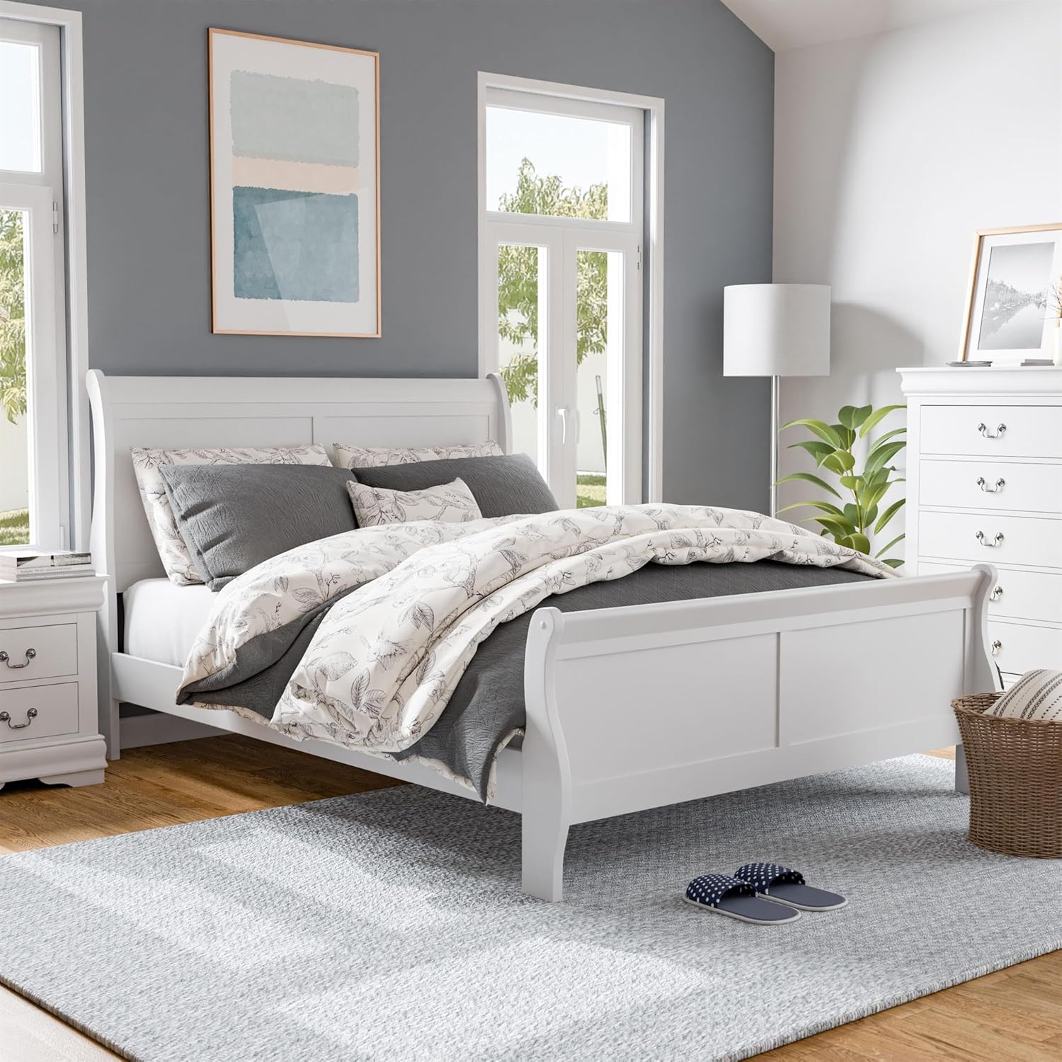 MAKLAINE Modern Transitional Solid Wood Full Bed, White Finish, Sleigh Design with Paneled Headboard and Footboard, 83.5' L x 56.25' W x 47.25' H, Durable Kids Bed for Bedroom, Box Spring Required