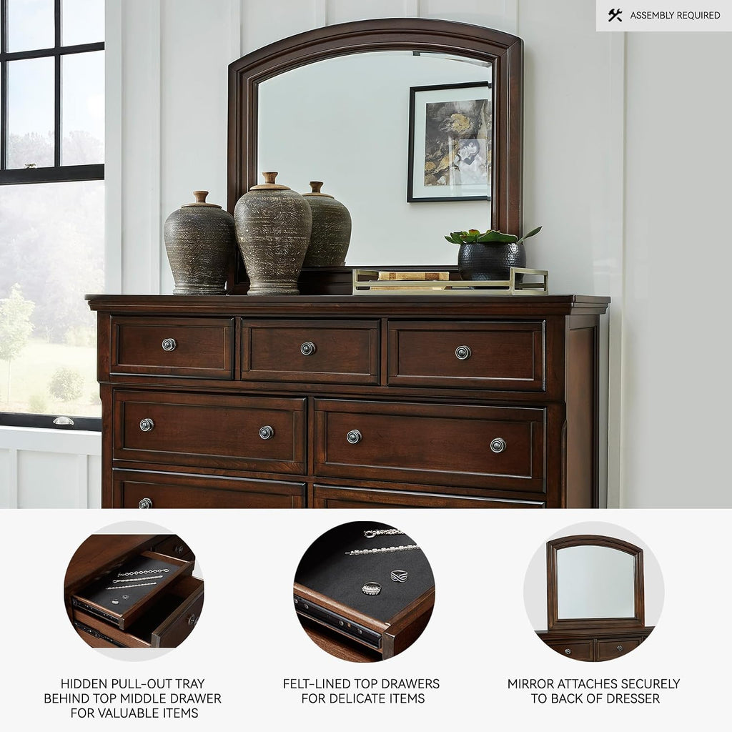 Signature Design by Ashley Porter Traditional Smooth-Gliding 7-Drawer Dresser and Mirror with Safety Stop, Felt-Lined Top Drawers and Pull-Out Tray, Dark Brown