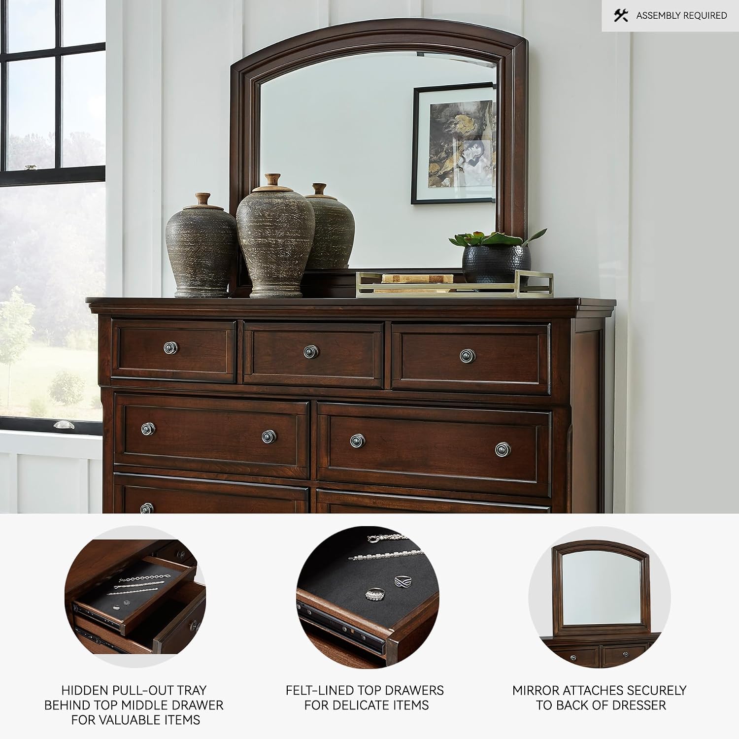 Signature Design by Ashley Porter Traditional Smooth-Gliding 7-Drawer Dresser and Mirror with Safety Stop, Felt-Lined Top Drawers and Pull-Out Tray, Dark Brown