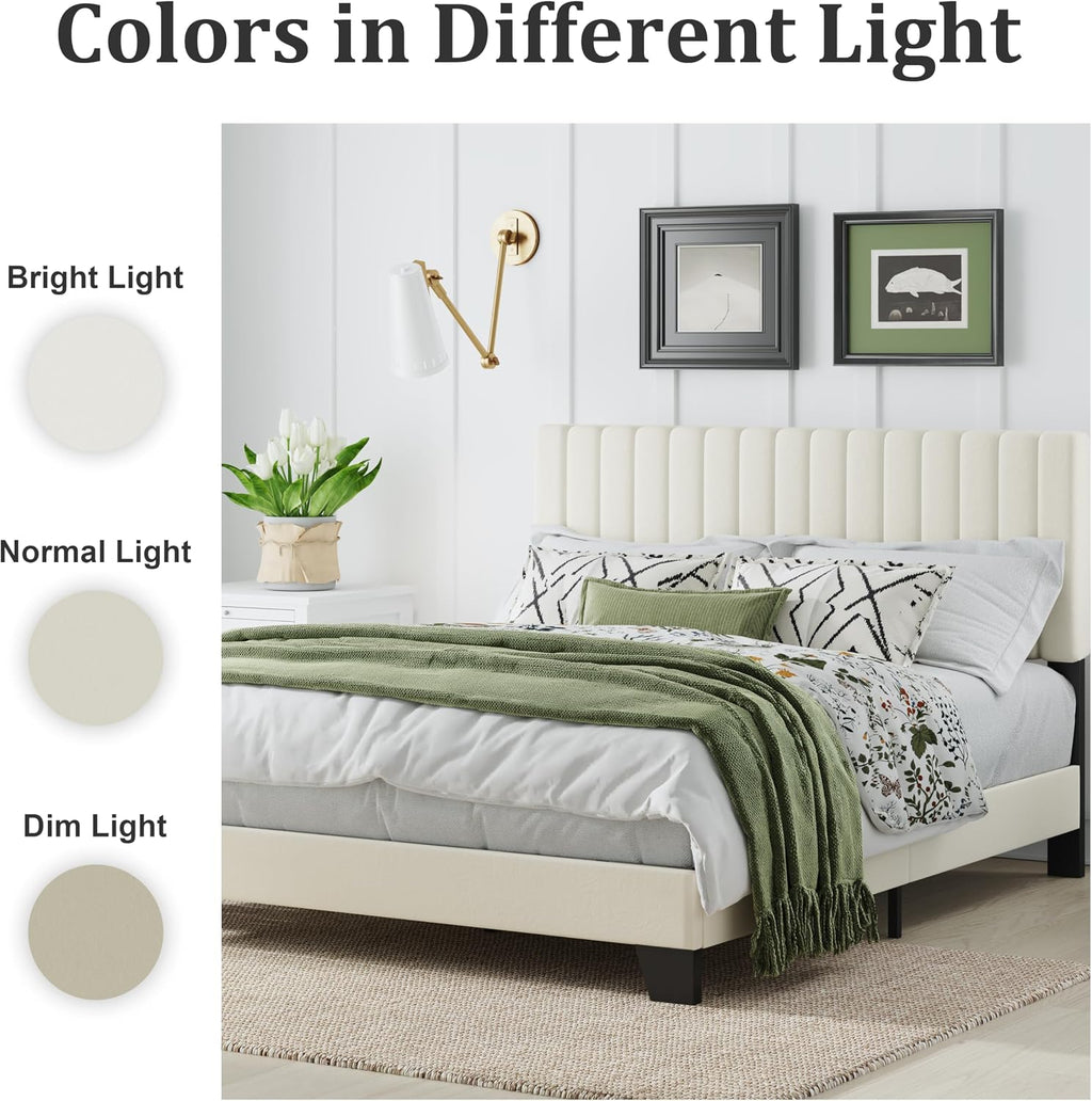Full Size Bed Frame, Velvet Upholstered Platform Bed with Adjustable Tufted Headboard, Sturdy Frame and Slats, No Noiseless, No Box Spring Required, Easy Assembly, Beige