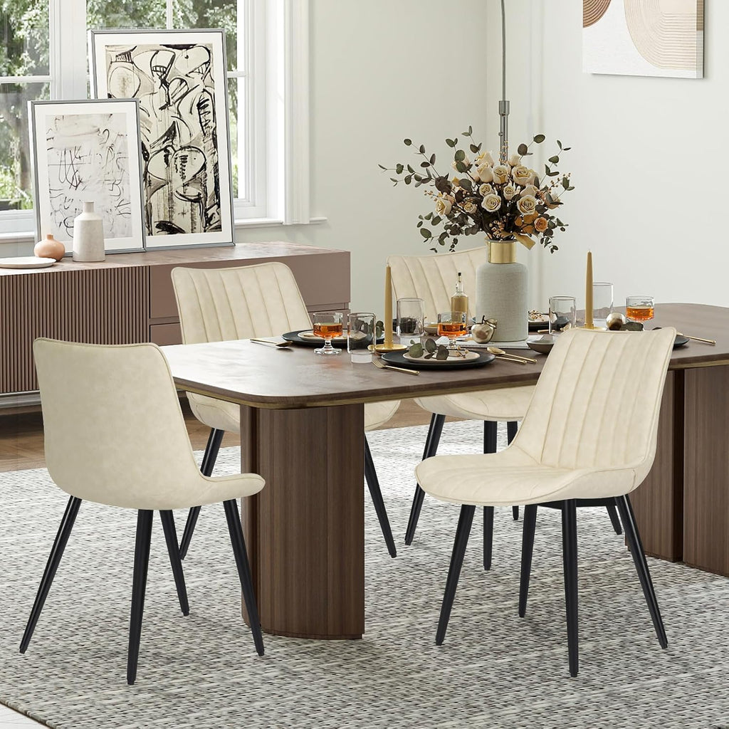 ECOTOUGE Dining Chairs Set of 4, Comfy Faux Leather Kitchen Chairs with Metal Legs, Mid Century Modern Chair for Bedroom, Living Room, Beige