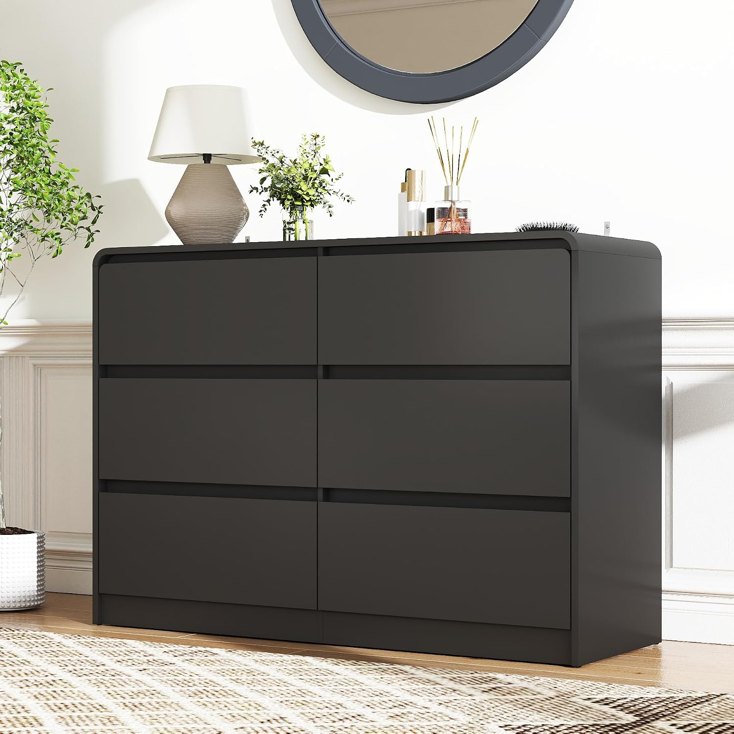 Black 6 Drawer Dresser for Bedroom,Modern Chest of Drawer with Curved Corner and No-Handle Design,Bedroom Storage Organizer Dresser for Closet,Hallway