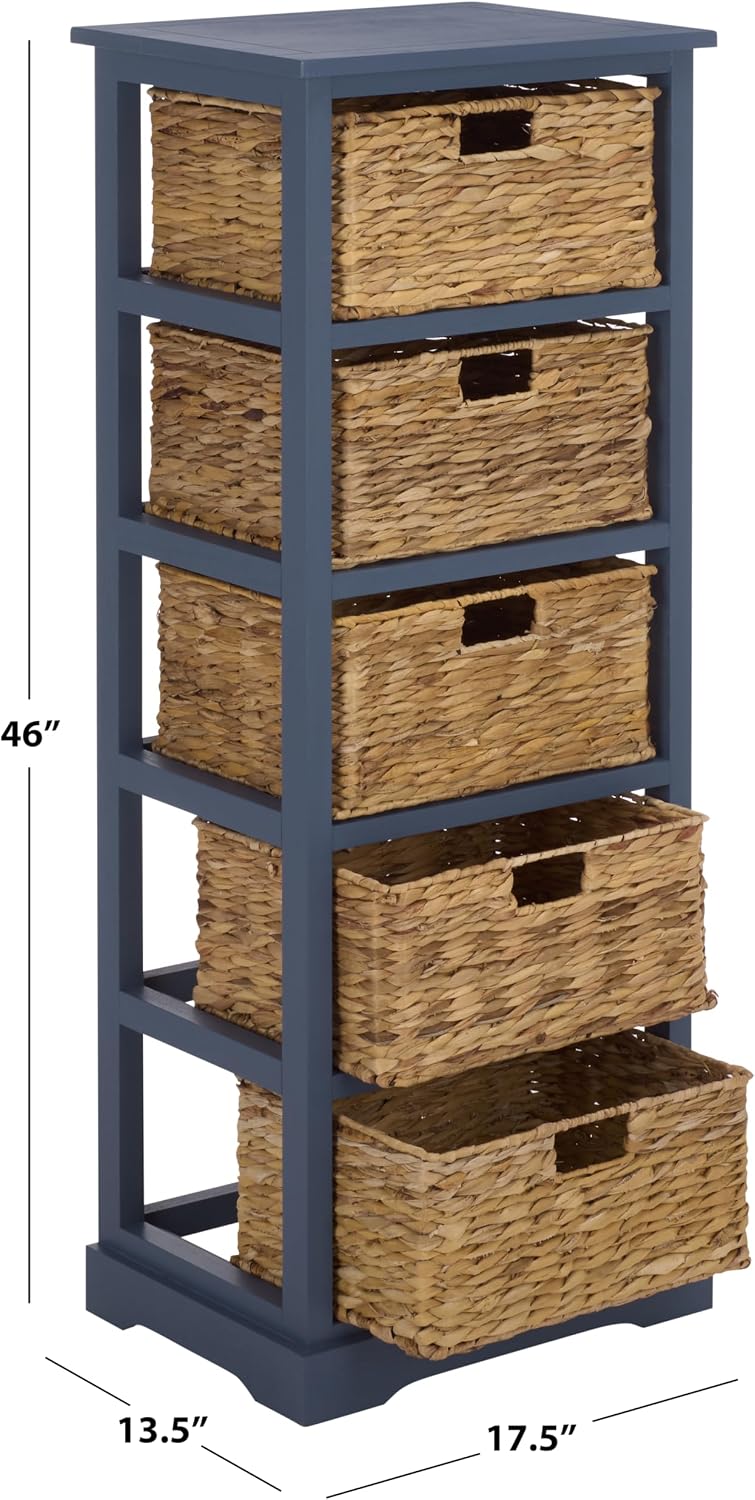 SAFAVIEH Furniture - Vedette 5-Basket Storage Tower - Blue - Solid Wood - Coastal Basket Tower Design - Ideal for Entryway, Living Room, 17.5' W x 13.5' D x 46' H - Fully Assembled (AMH5739H)