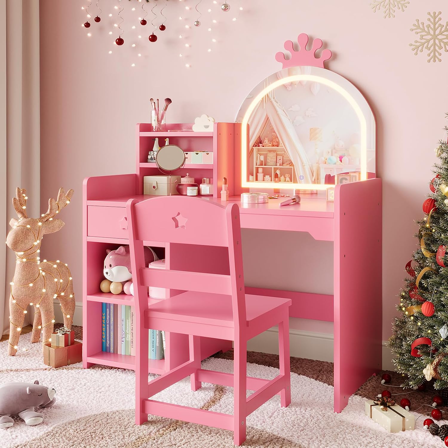 Garvee Kids Vanity with Lighted Mirror, 2 in 1 Princess Vanity Set Toddler Table & Chair Set with Open Bookshelf, Storage Cabinet & Shelves for Little Girls, Pink