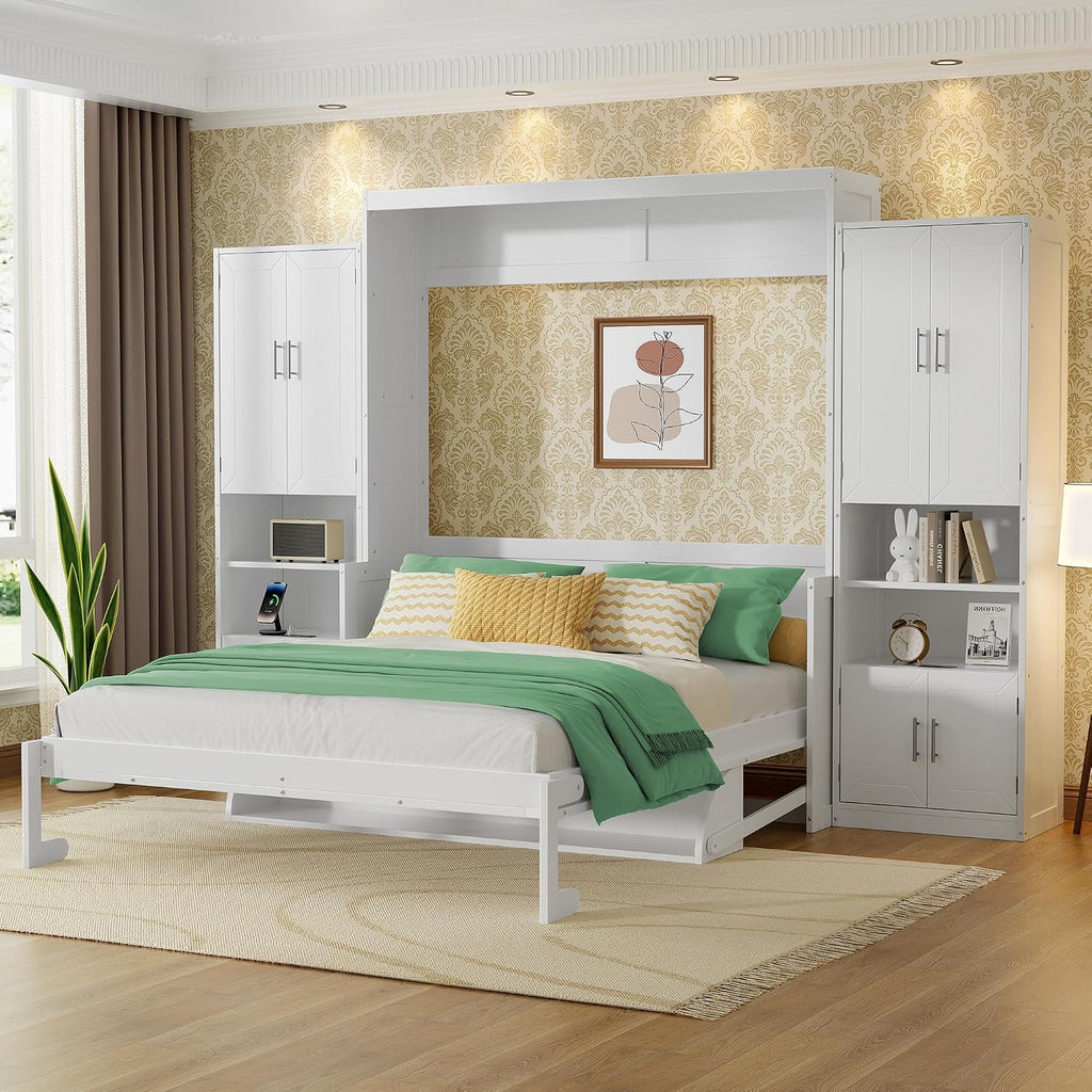 PVWIIK Queen Size Murphy Bed with Storage Drawers & Desk,Wall Bed Frame Folding into Cabinet Design w/Charging Station & Storage Shelf for Small Space,Bedroom,Guest Room,White