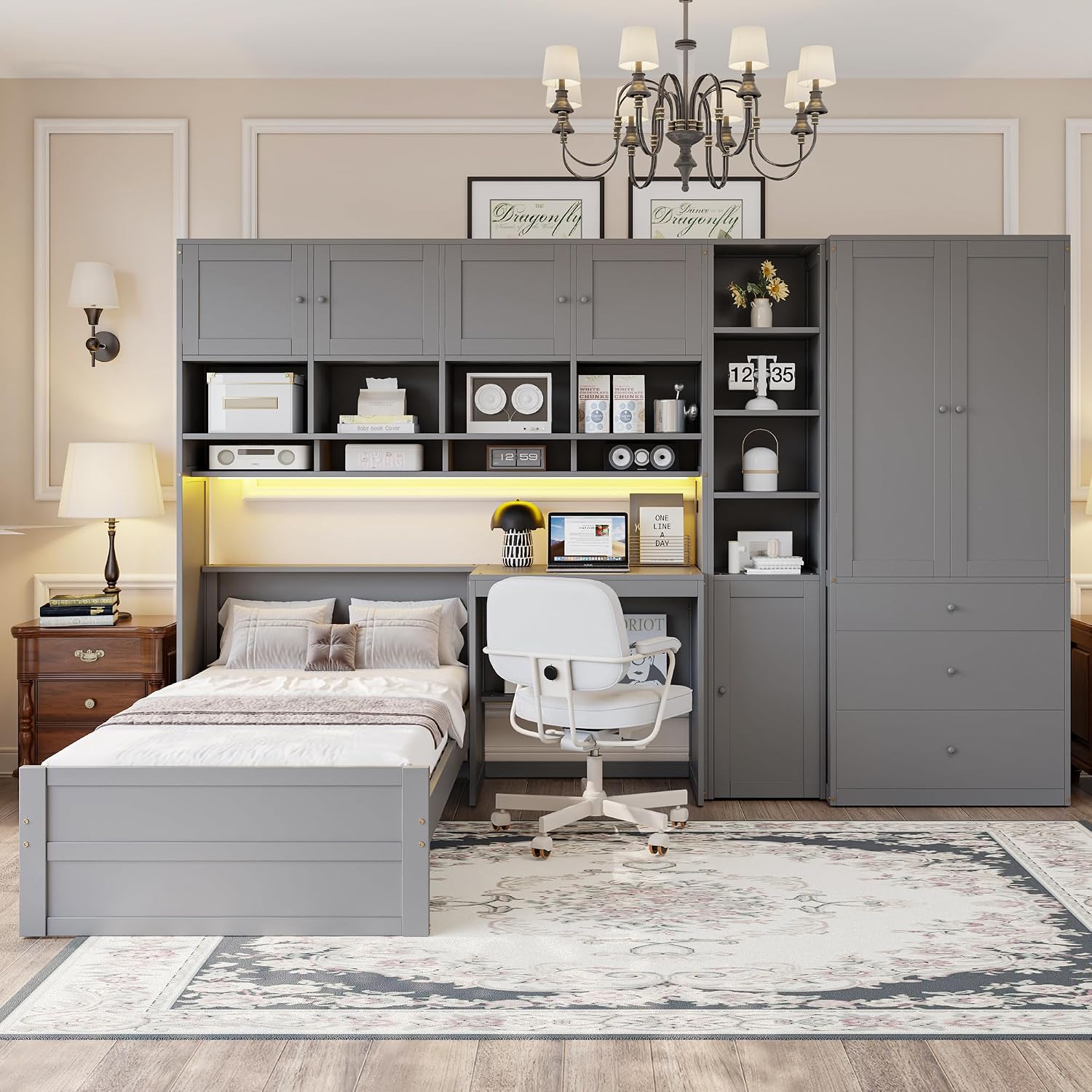 Multifunctional Design Twin Size Platform Bed with All-in-One Vertical Cabinet Bookcase and Desk, Solid Wood Platform Bed Frame with Storage Headboard, Drawers and Shelves (Gray-1.2)