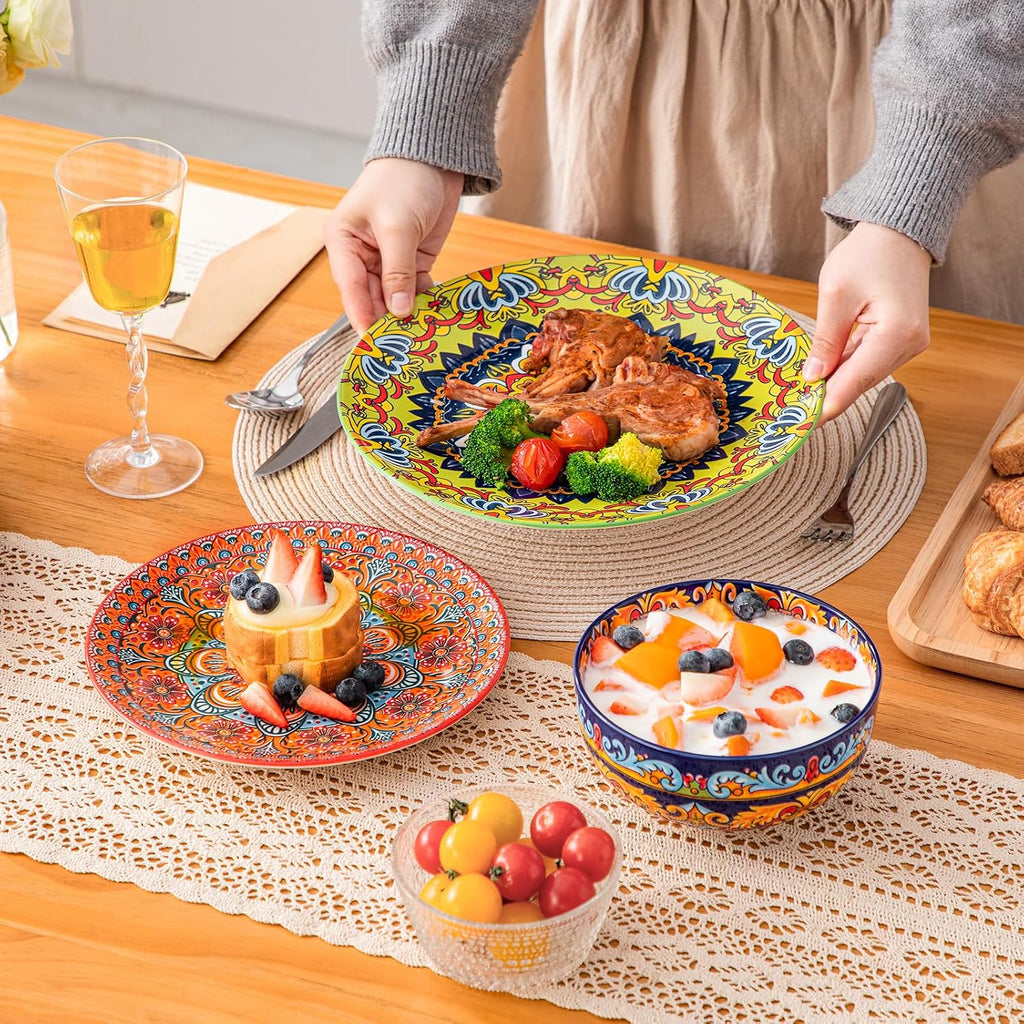vancasso 18-Piece Dinnerware Sets,Ceramic Plates and Bowls Sets Service for 6, Bohemian Style Porcelain Dishes Set for 6, Microwave and Dishwasher Safe, Scratch Resistant,Non Toxic, Series KRVI