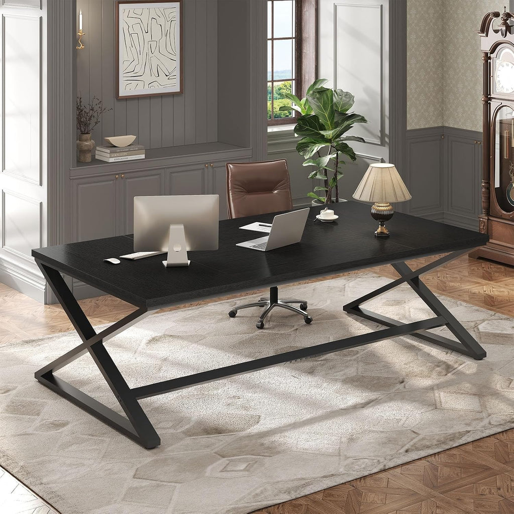 IBF Large Black Computer Desk, 70.8' Long Writing Desk for Home Office, Modern Simple Executive Work Study Desk for Two Person, Wood Double PC Gaming Workstation Computer Table for Bedroom, Black Oak