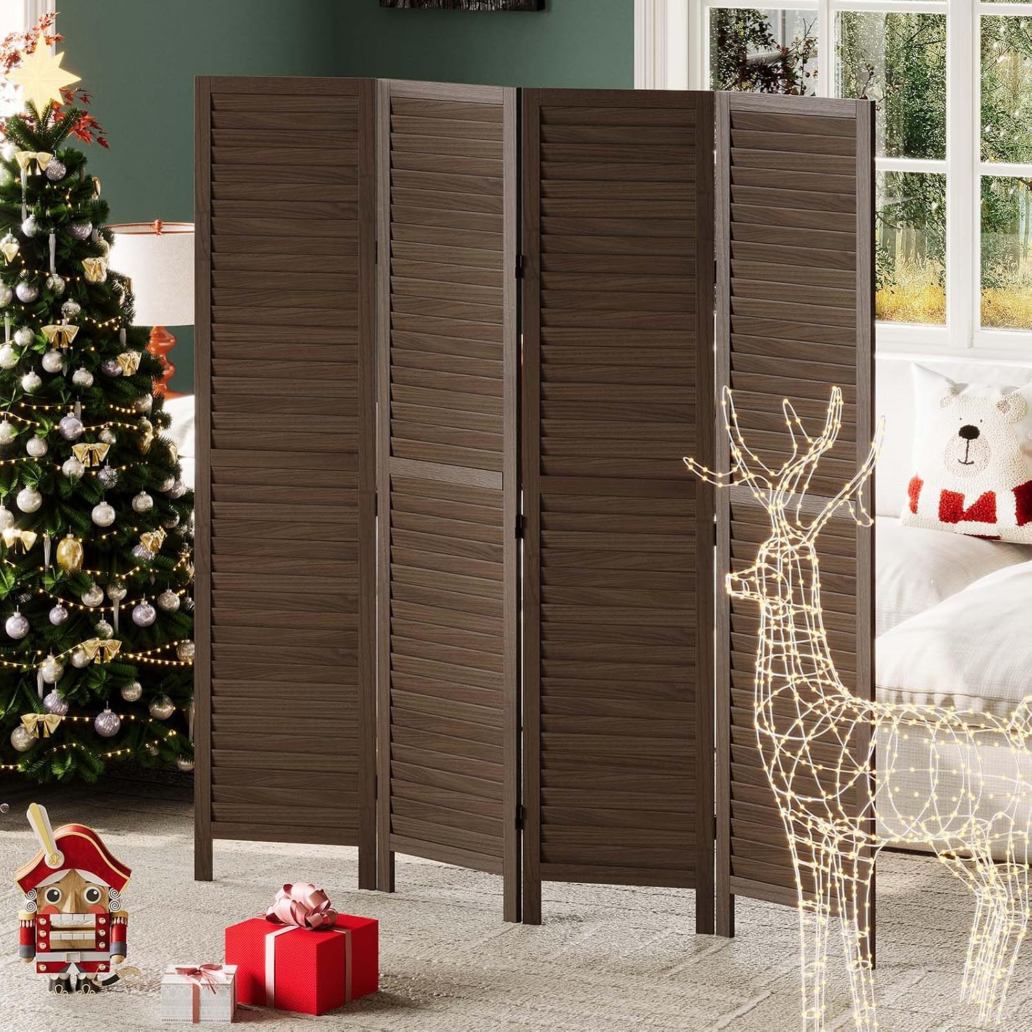 Room Dividers and Folding Privacy Screens, Wood Louvered Separators Divider Wall for Home Office Bedroom - 4 Panels, 67 * 60inch (Brown)
