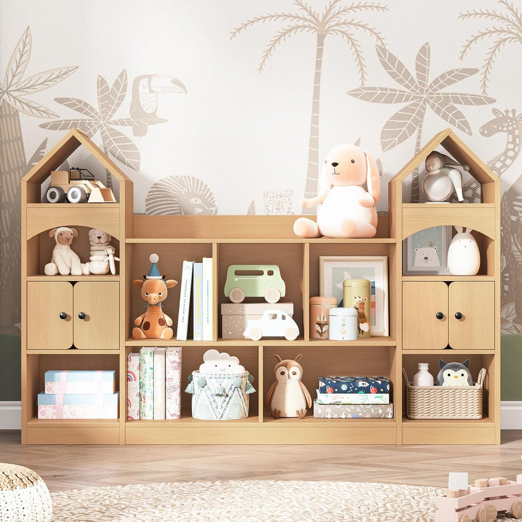 Halitaa Castle Shape Children's Bookshelf, Kids Bookcase Display Case Kids Toy Storage Organizer Multifunctional Storage Cabinet Bookshelf Suitable for Playroom, Children's Room, Living Room, Oak