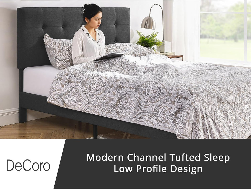 Decoro Cambridge Upholstered Wooden Platform Bed Frame, Queen Size, Dark Grey