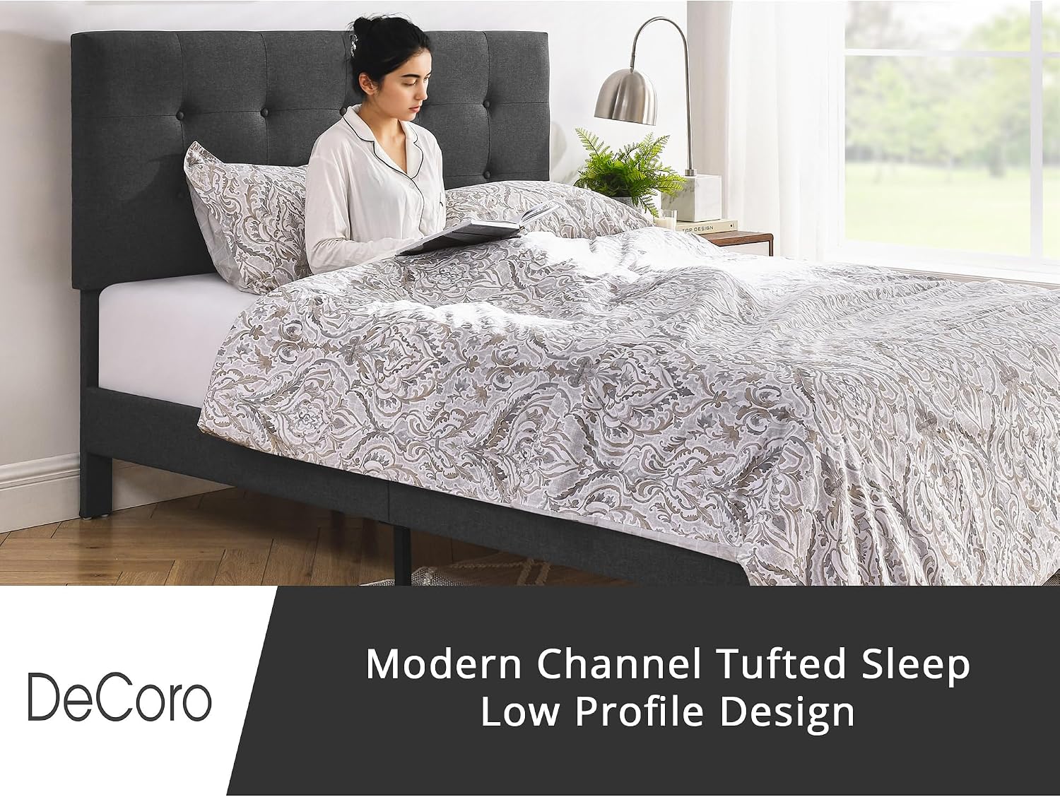 Decoro Cambridge Upholstered Wooden Platform Bed Frame, Queen Size, Dark Grey