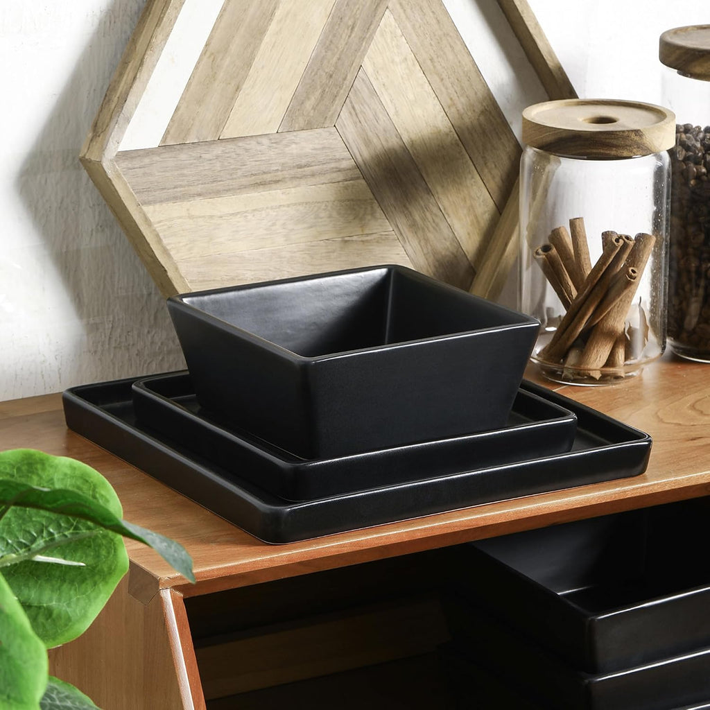 Stone Lain Grace Square Stoneware Dinnerware Set, 24 Piece Service For 8, Plates and Bowls Dish Set, Black
