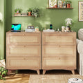 AOGLLATI Rattan Night Stand Set of 2, Boho Nightstand with Charging Station and 3 Drawers, 2 USB Ports and 2 AC Outlets, Rattan Bedside End Table with Solid Wood Legs for Bedroom