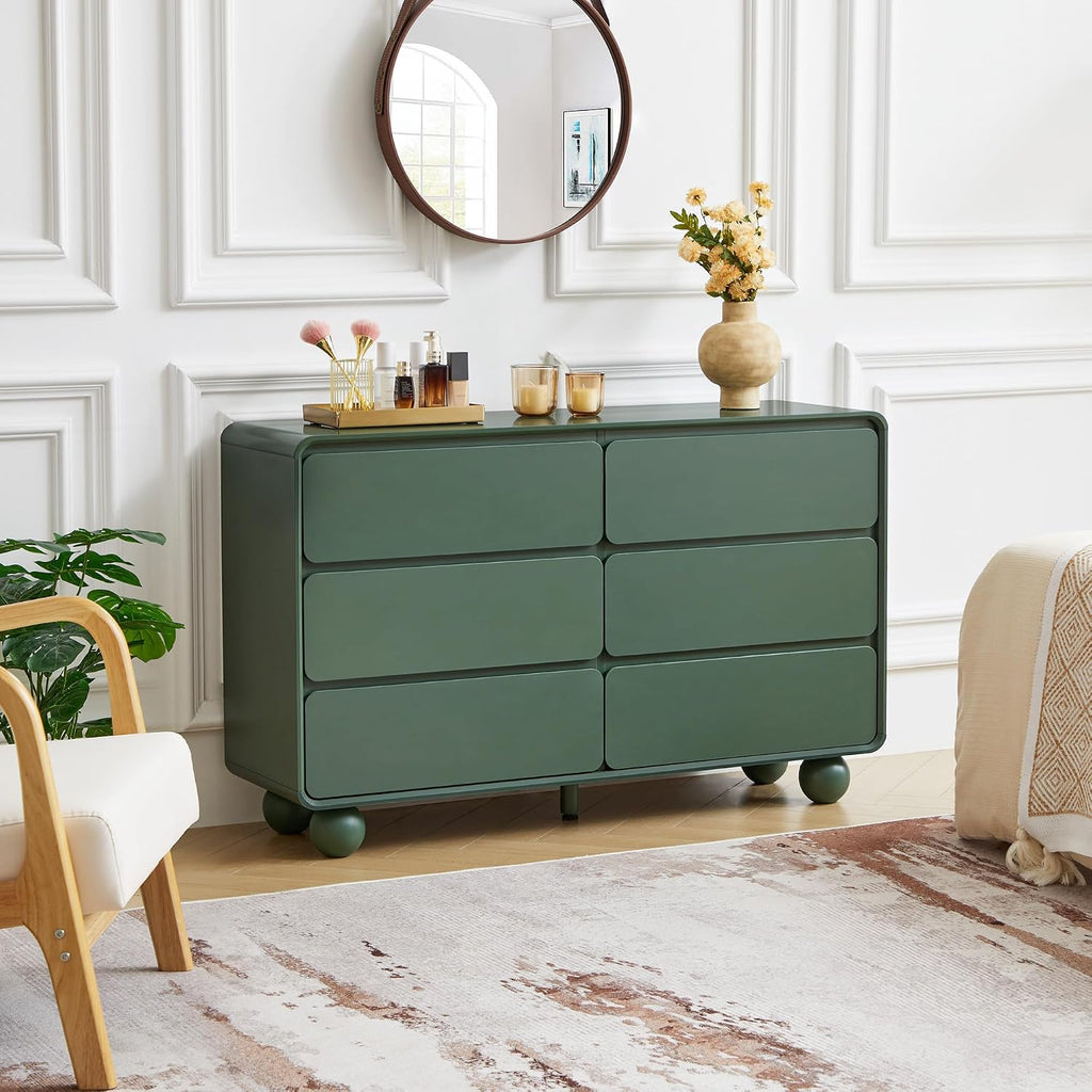 AVZEAR Modern 6 Drawer Green Dresser for Kids Bedroom, 48' Wide Wooden Dresser Chest of Drawers, Handle Free & Curved Profile Design, Mid Century Closet Clothes Storage Organizer for Living Room