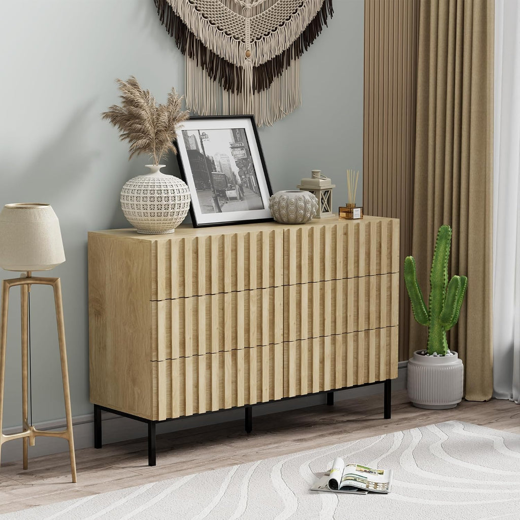 UEV Fluted Dresser for Bedroom with 6 Drawer, 47' Double Chest of Drawers with Metal Stand, Mid-Century Accent TV Stand, Wooden Closet Storage Organizer for Living Room, Hallway (Ivory White)