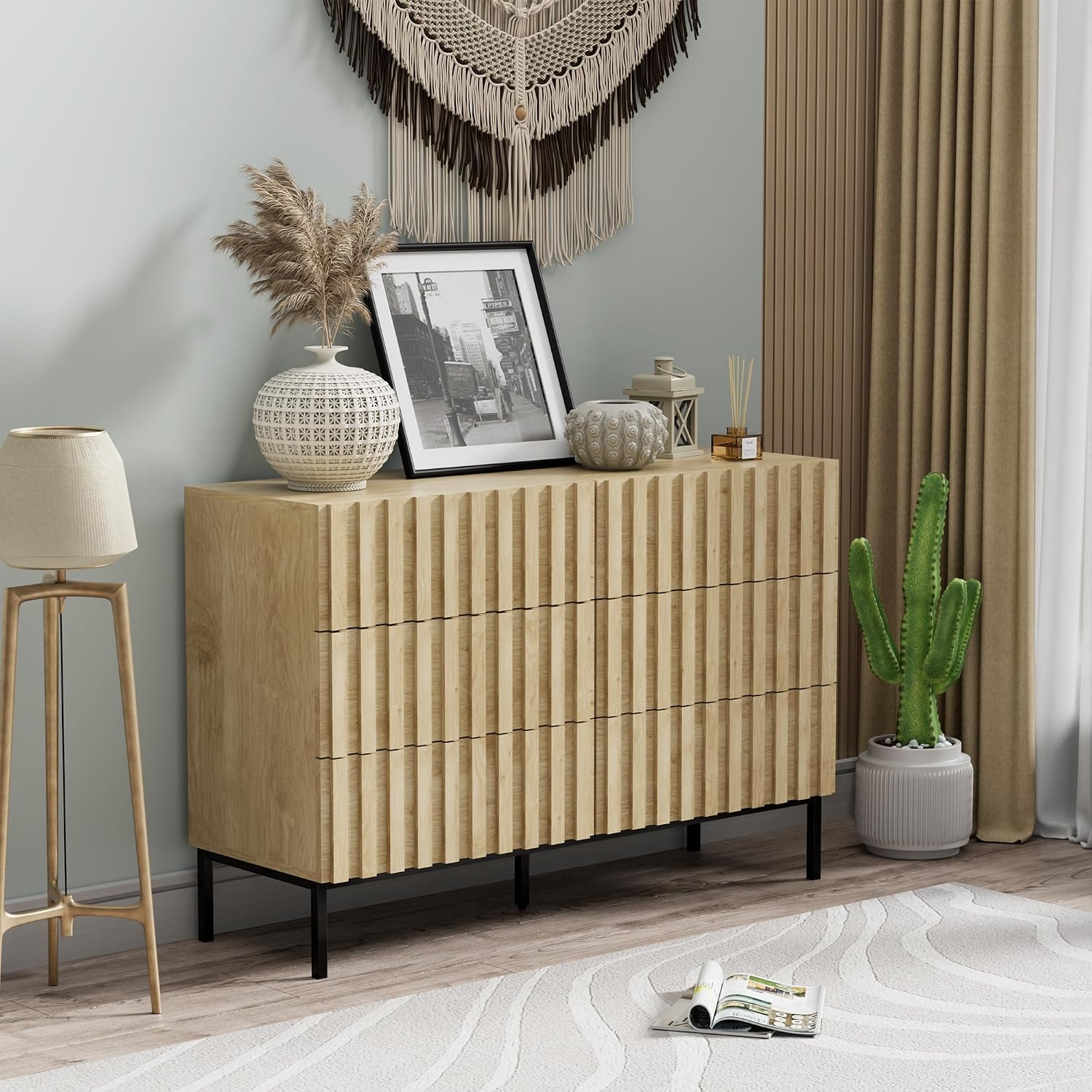 UEV Fluted Dresser for Bedroom with 6 Drawer, 47' Double Chest of Drawers with Metal Stand, Mid-Century Accent TV Stand, Wooden Closet Storage Organizer for Living Room, Hallway (Ivory White)