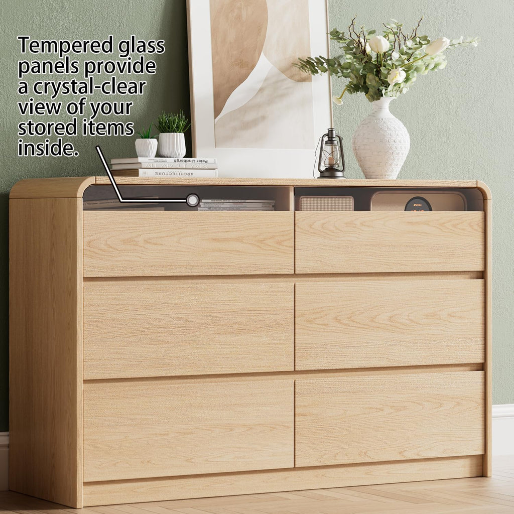 Ieejdn 47.2' Dresser with 6 Drawer, Wide Dresser with Recessed Glass Display & Silent Metal Rails, Handleless Chest of Drawers for Clothes, and Bedding, Oak