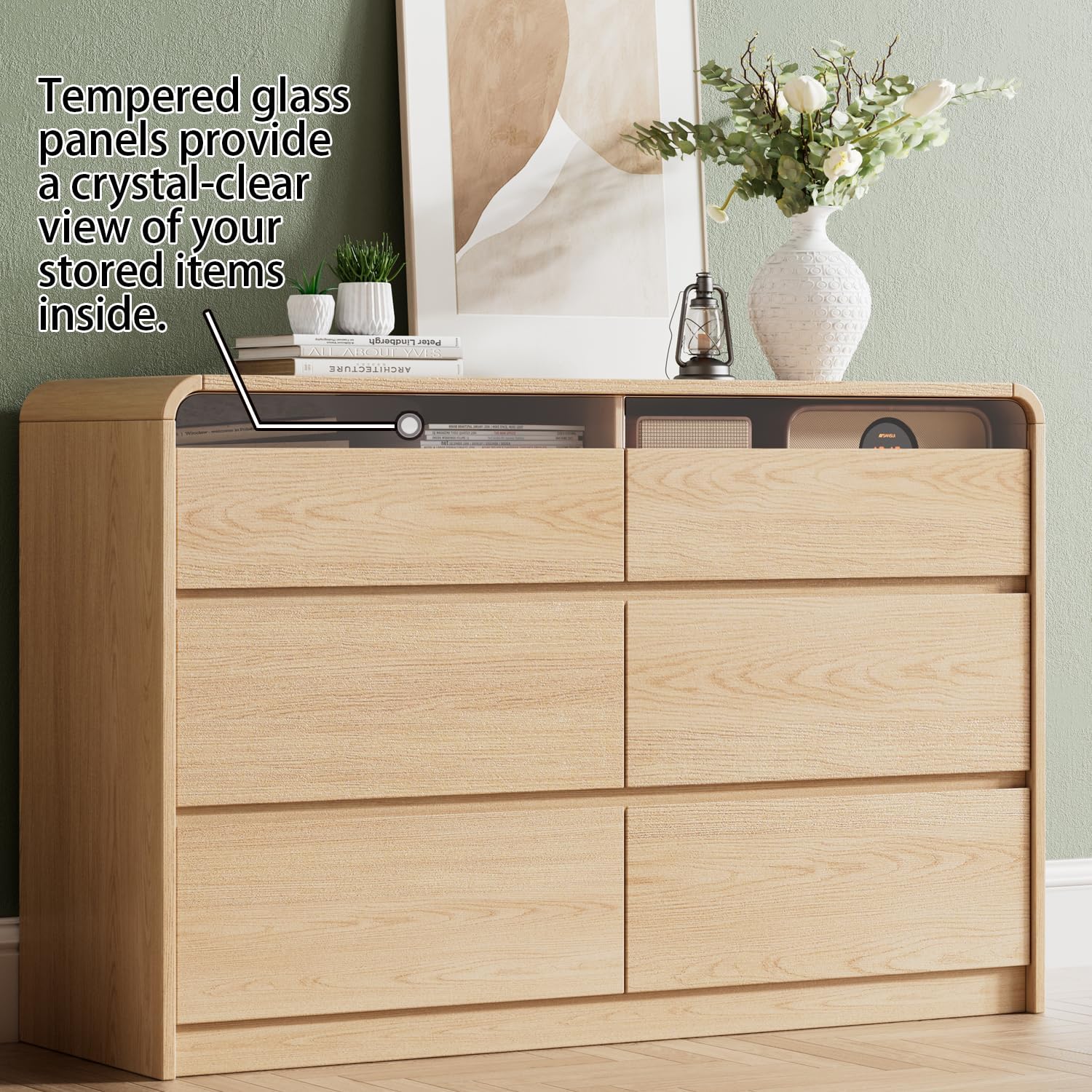 Ieejdn 47.2' Dresser with 6 Drawer, Wide Dresser with Recessed Glass Display & Silent Metal Rails, Handleless Chest of Drawers for Clothes, and Bedding, Oak