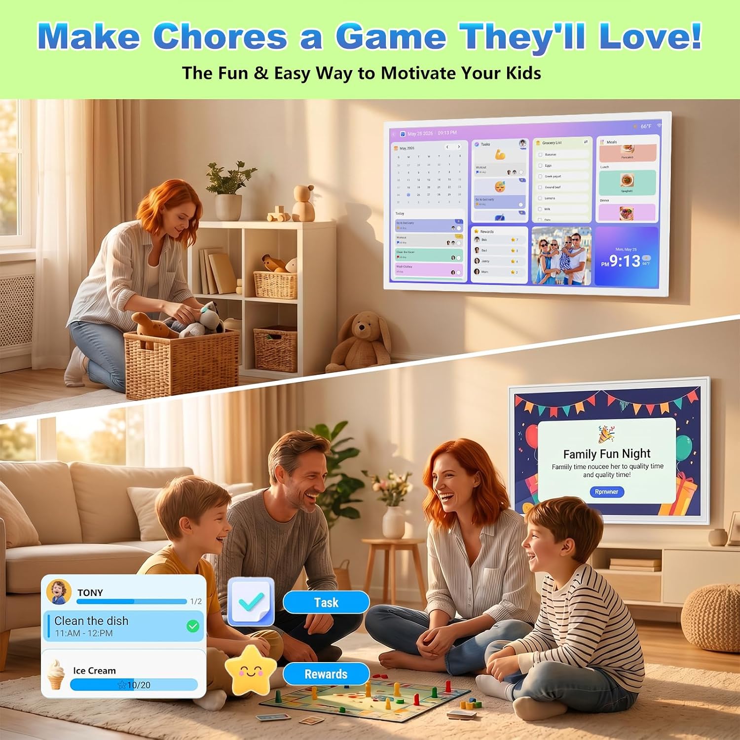 32-inch Digital Calendar Wall-Touch-Screen Whiteboard - Interactive Display Electronic Calendar Picture Frame, Star Reward, Chore Chart, No Subscription, Sync Online Cal, Gift for Family, White