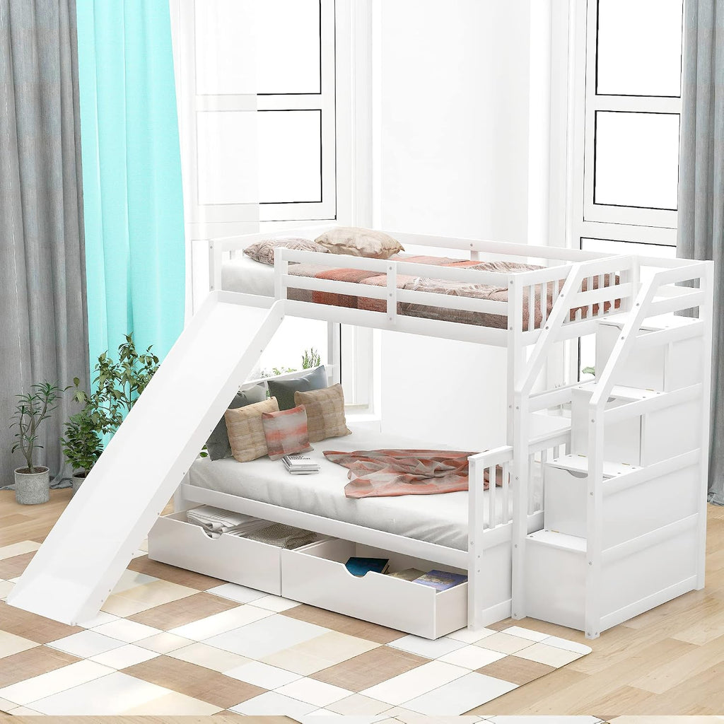 SOFTSEA Twin Over Full Bunk Bed with Staircase and Slide Storage Solid Wood Bunk Beds with Storage Drawers for Kids, No Box Spring Needed