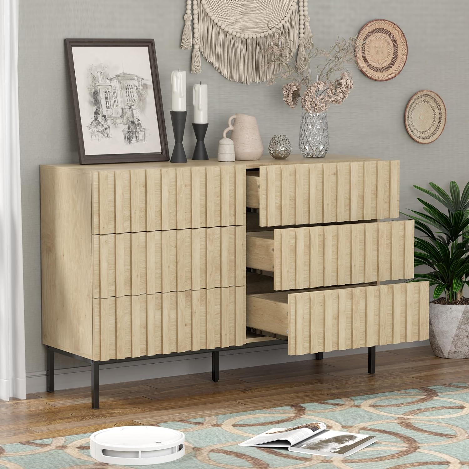 UEV Fluted Dresser for Bedroom with 6 Drawer, 47' Double Chest of Drawers with Metal Stand, Mid-Century Accent TV Stand, Wooden Closet Storage Organizer for Living Room, Hallway (Ivory White)