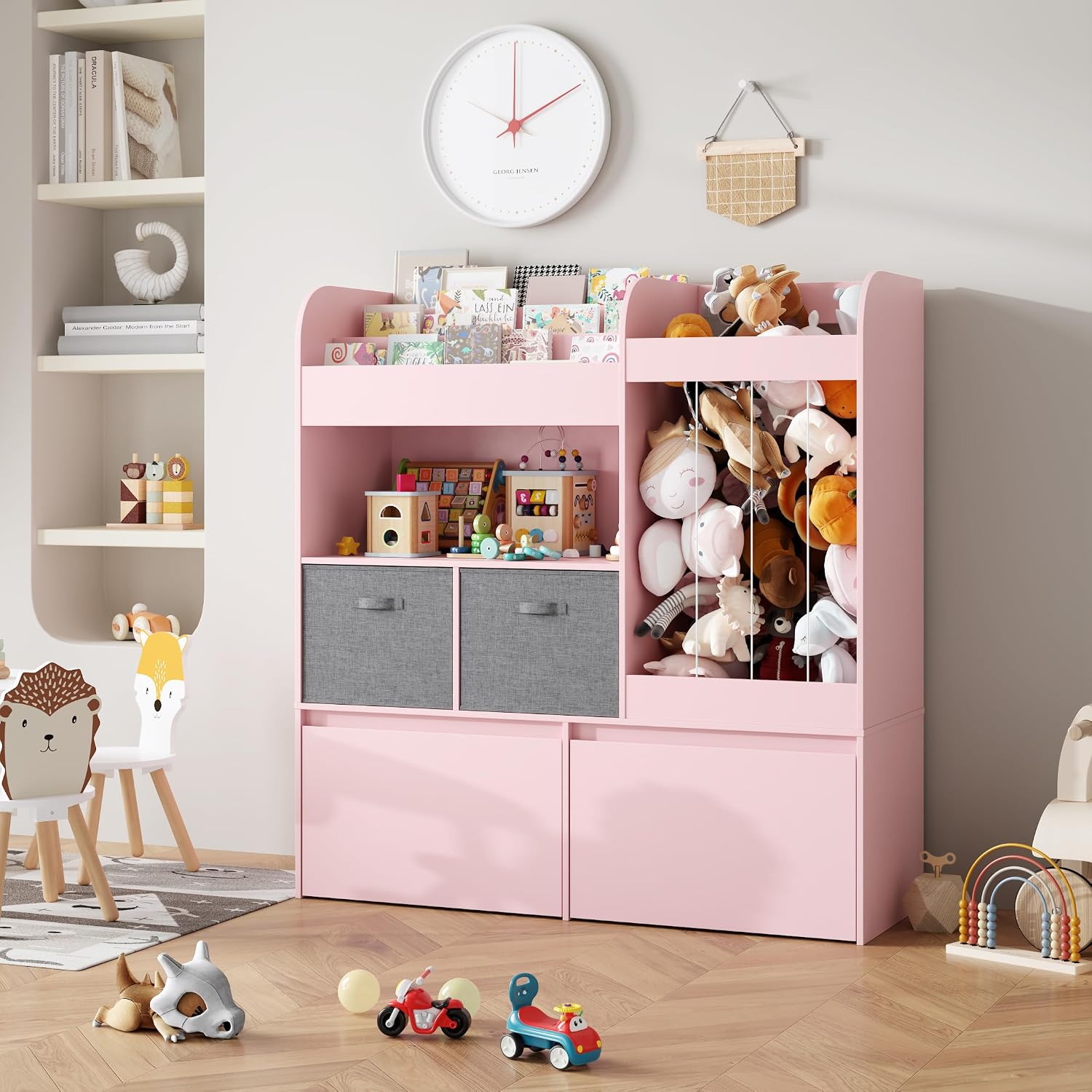 42.9'' Stuffed Animal Storage with Kids Bookshelf, Large Toy Storage with Toy Chest and Play Mat, Wooden Organization with 2 Movable Drawers, 3 Tier Bookshelf for Nursery Kids Room Playroom,Pink