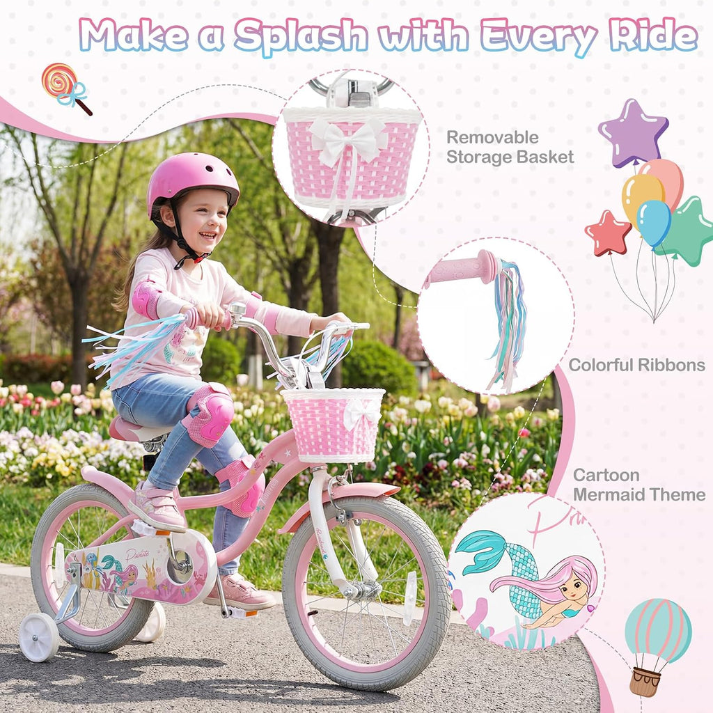 HONEY JOY Kids Bike, 12 14 16 18 Inch Girls Bike w/Training Wheels, Streamers, Basket, Handbrake & Coaster Brake, Fully Enclosed Chain, Mermaid Princess Children Bike for 3-8 Years Old