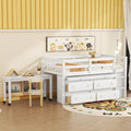 JIVOIT Twin Size Low Loft Bed with Retractable Writing Desk, Storage Bed with 4 Drawers and Shelves, Wooden Loft Bed with Lateral Portable Desk for Kids Teens Adults Bedroom (White,Twin,9)