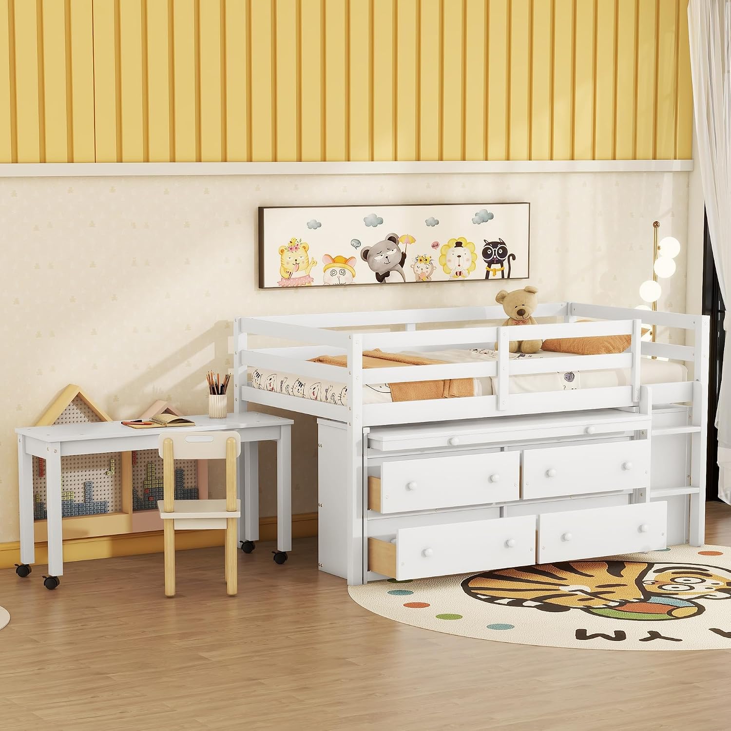 JIVOIT Twin Size Low Loft Bed with Retractable Writing Desk, Storage Bed with 4 Drawers and Shelves, Wooden Loft Bed with Lateral Portable Desk for Kids Teens Adults Bedroom (White,Twin,9)