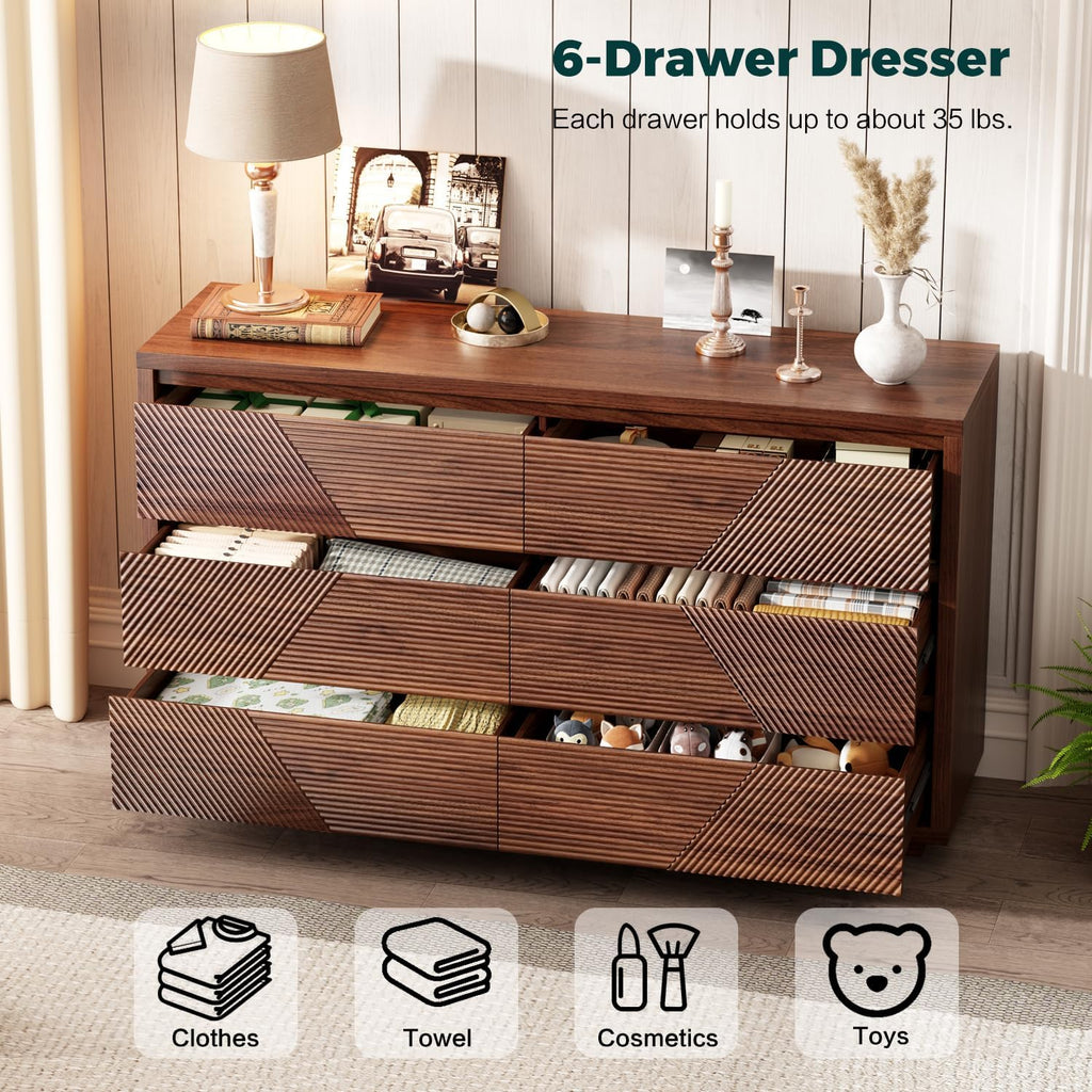 Ieejdn 55.12' Modern Chest of Drawer, 6 Deep Drawers,Clothes Organizer,Large Storage Cabinet for Living Room, Bedroom,Dresser TV Stand, Wood Drawer Organizer for Living Room, Hallway, Umber