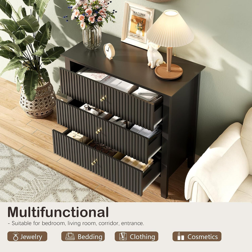 Fluted 3 Drawer Dresser Set of 2, Small Dresser Nightstand for Bedroom, Modern Wood Chest of Drawers, Wooden Dresser Nightstand with Paint Design for Closet, Hallway, Entryway, Black