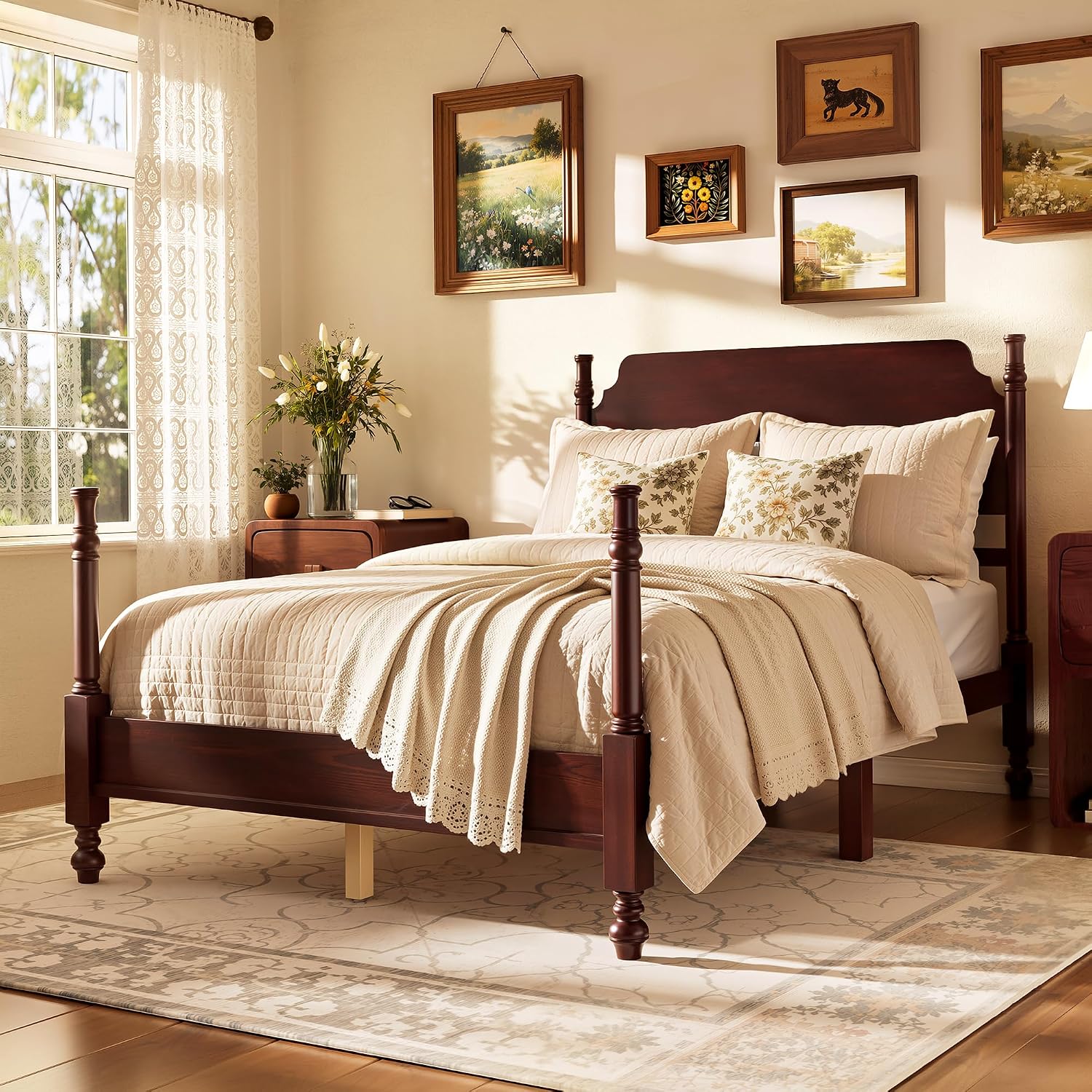 Merax Vintage Wood Spindle Post Bed with Headboard, Full Size Traditional Platform Bed Frame/No Box Spring Needed/Easy Assemble, Dark Walnut