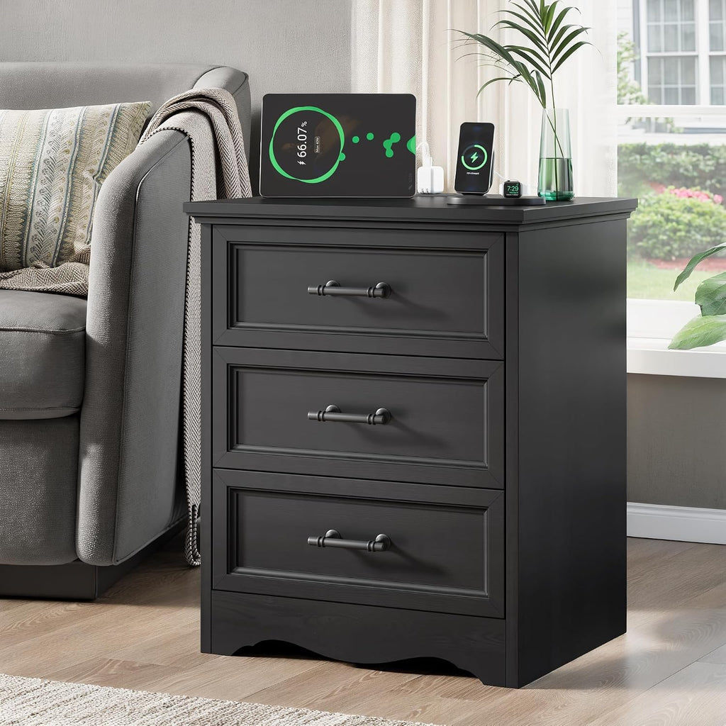 Black Nightstand with Charging Station, 19.7' Farmhouse End Table with 3 Drawers Storage, Bedside Table with Brushed Metal Handles, Unique Base Design, 3 Drawer Dresser for Bedroom, Living Room
