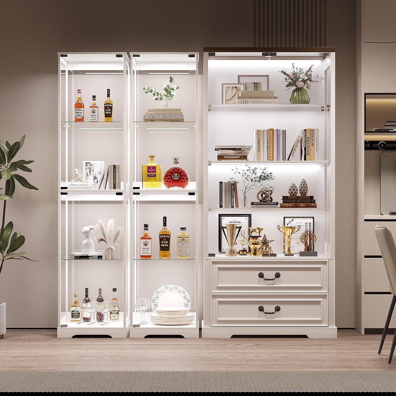 Glass Display Cabinet with Doors, 65' Tall 4-Tier Curio Display Case with 3 Color Lights and Human Body Sensor, Bookcase for Collectibles, White