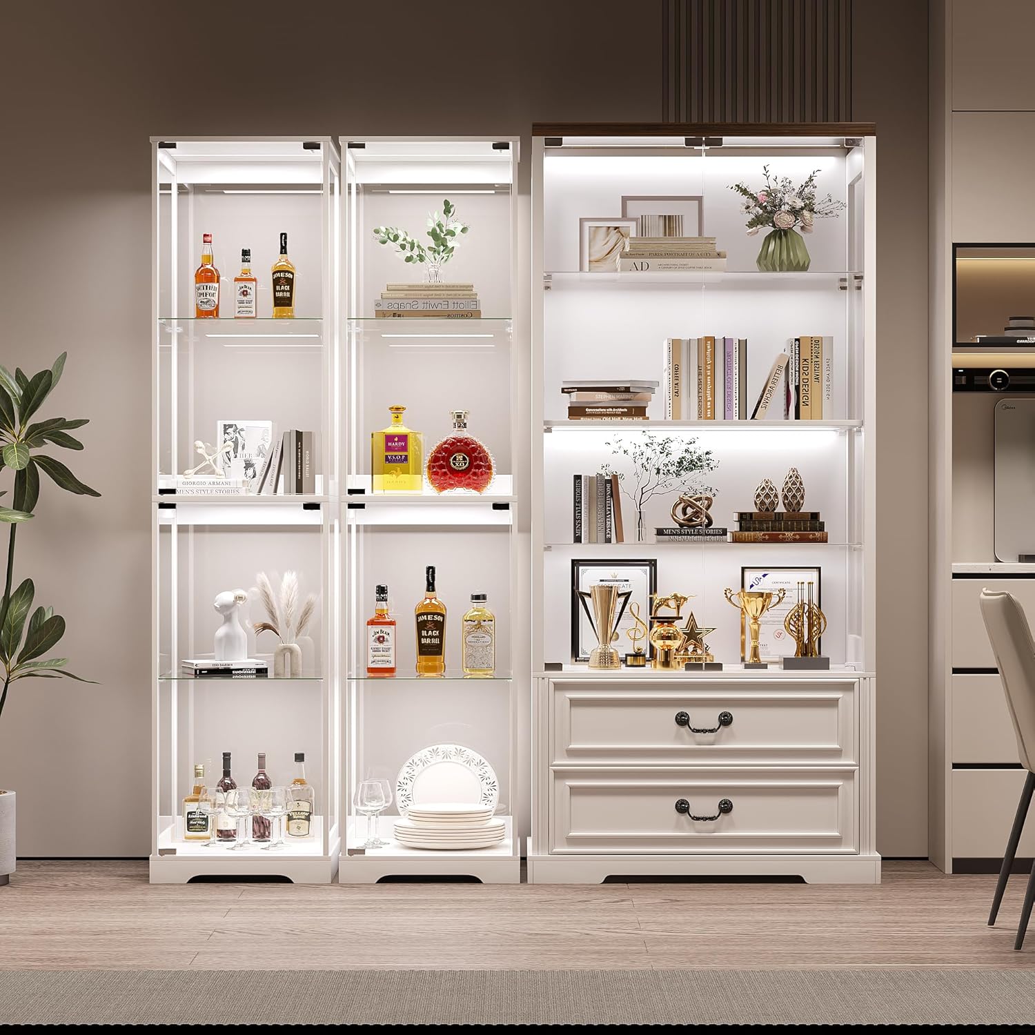 Glass Display Cabinet with Doors, 65' Tall 4-Tier Curio Display Case with 3 Color Lights and Human Body Sensor, Bookcase for Collectibles, White