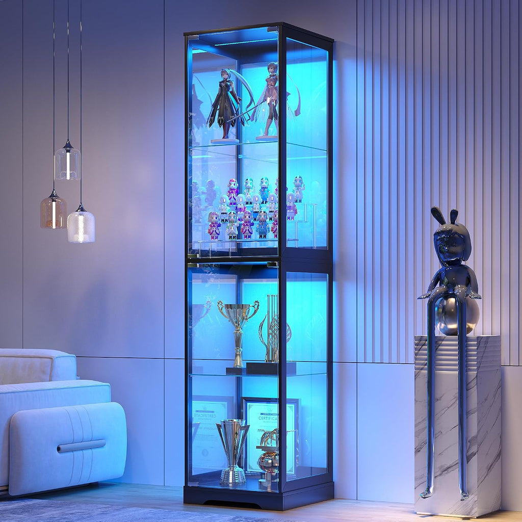 Glass Display Cabinet with Doors, 65' Tall 4-Tier Curio Display Case with 3 Color Lights and Human Body Sensor, Bookcase for Collectibles, Black