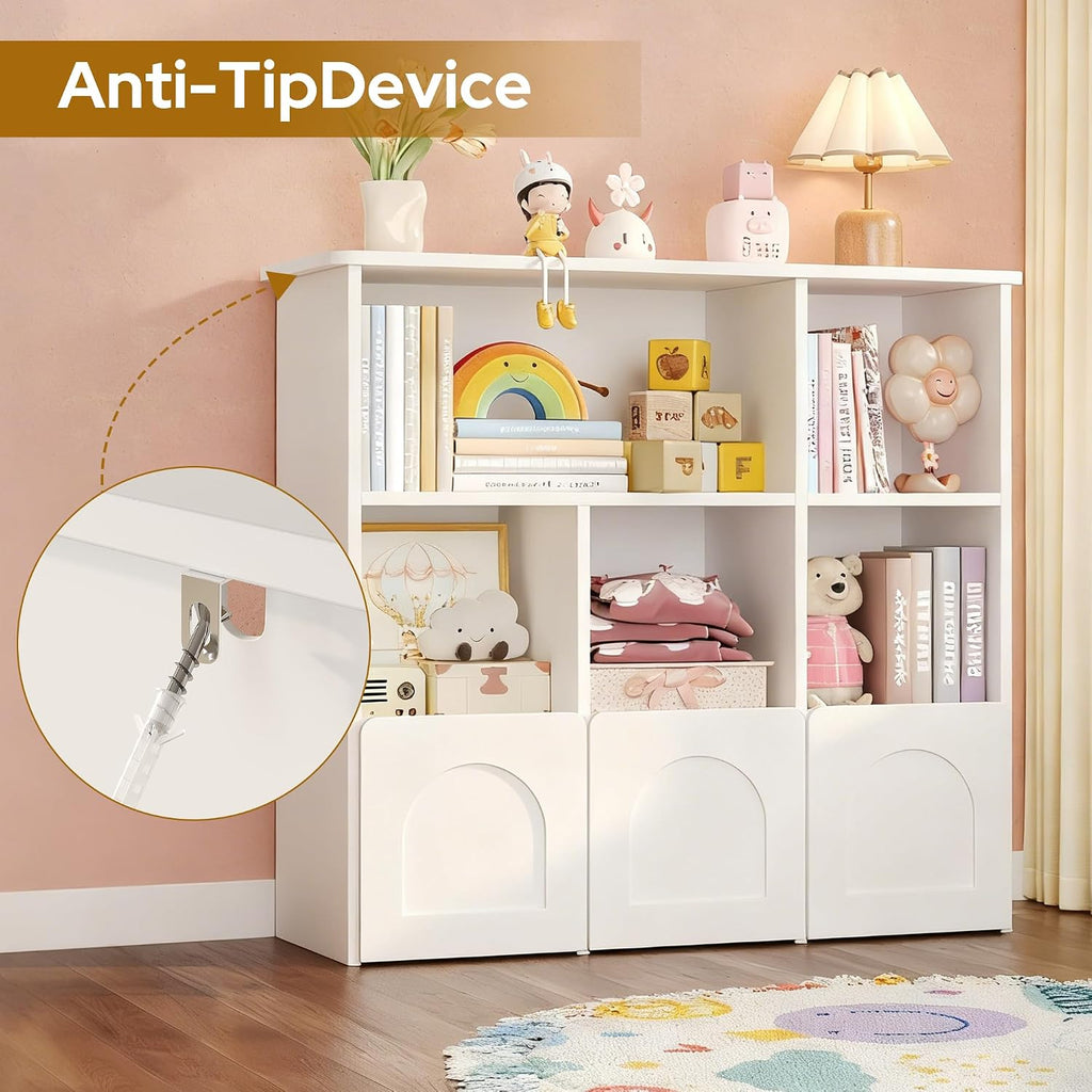 knoworld Kids Bookshelf with Toy Storage, Hidden Bookshelf Organizer with 3 Hidden Roller Drawer and 5 Open Cubbies for Kid Room,Living Room,White