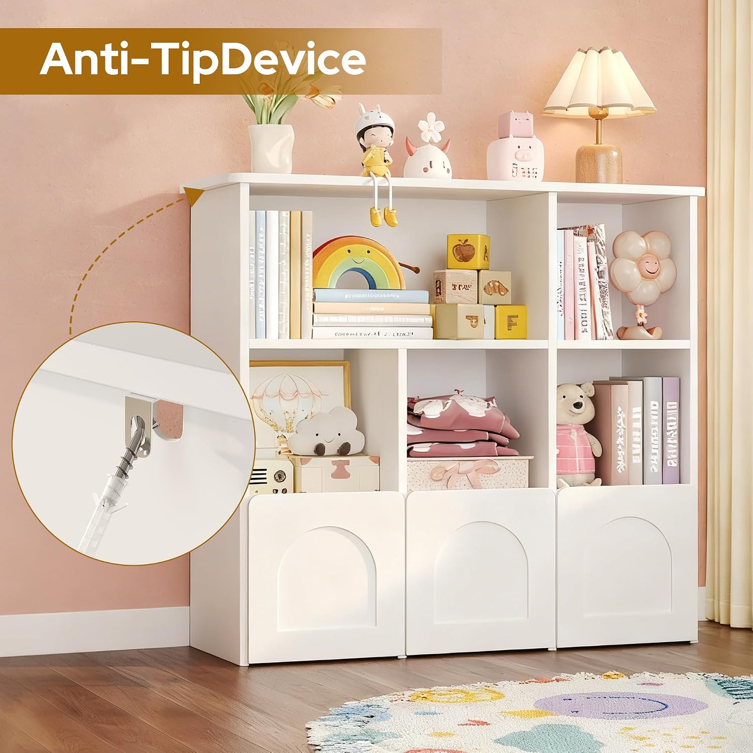 knoworld Kids Bookshelf with Toy Storage, Hidden Bookshelf Organizer with 3 Hidden Roller Drawer and 5 Open Cubbies for Kid Room,Living Room,White