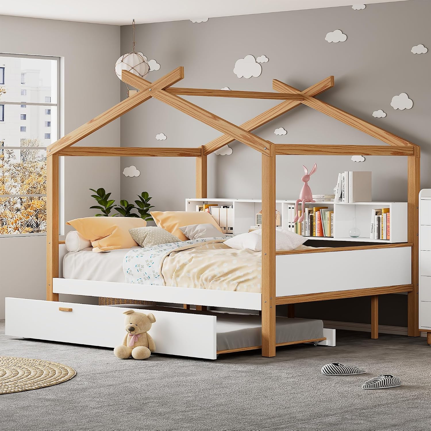 Virubi Full Size Wood House Bed for Kids, Wood Frame Daybed with Twin Size Trundle and Open Bookshelf for Boys Girls Teens Children Bedroom Guest Room (White+Trundle, Full)