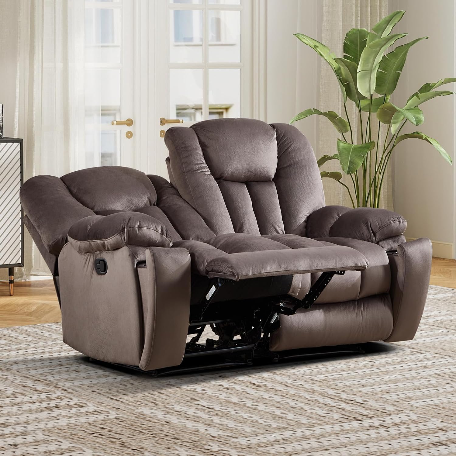 EBELLO Loveseat Recliner Sofa for Living Room, Extra Wide Modern Overstuffed 2 Seat Reclining Manual Sofa Chair, Daul Recliner with Hidden Armrest Cup Holders, Breathable Fabric, Brown