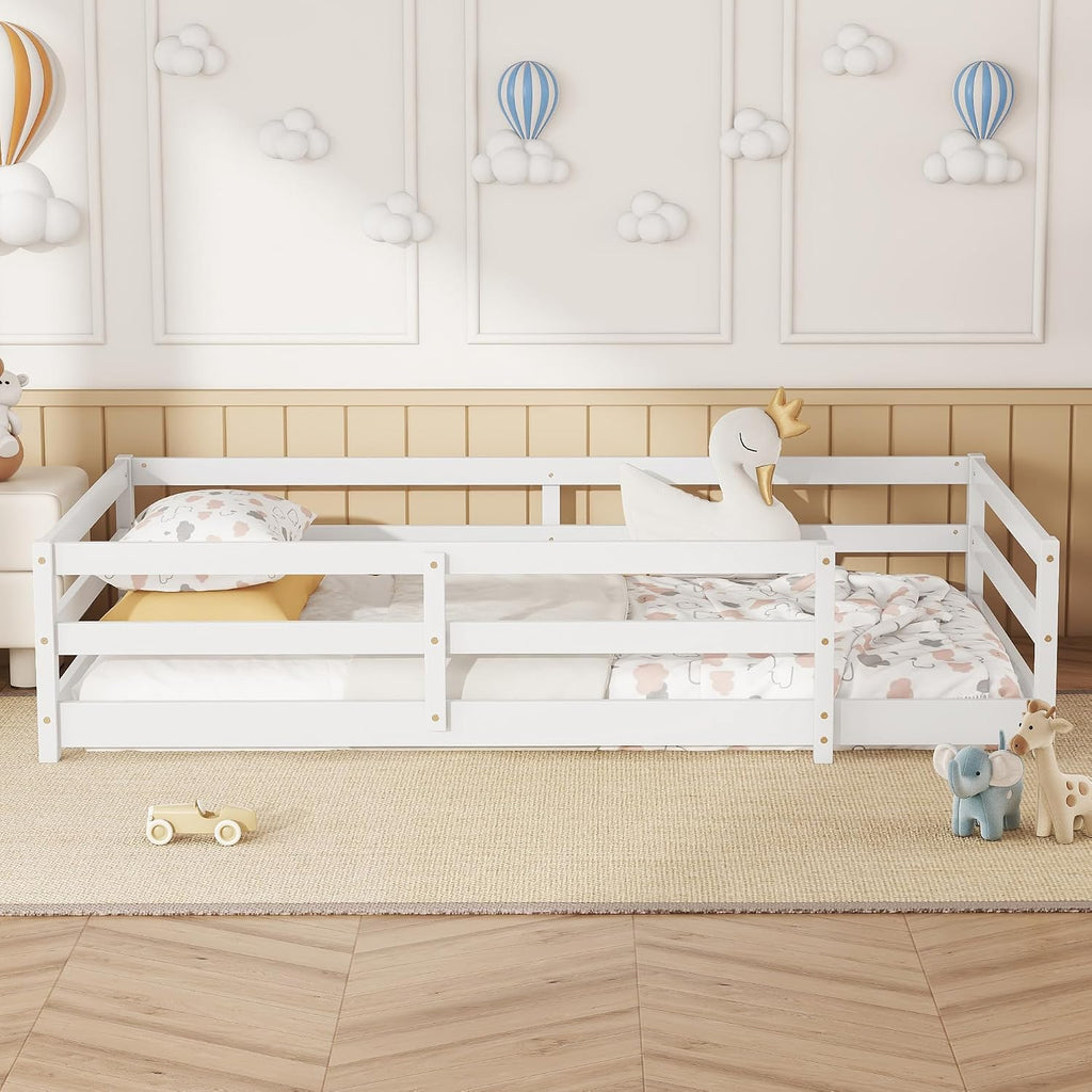 Modern Classic Full Size Bed Frame with Fence, Sturdy Wood Montessori Floor Bed for s, Boys, Girls, Dorm, Bedroom, House, Easy to Assemble, Noise-Free Design, No Box Spring Needed,White-Tw
