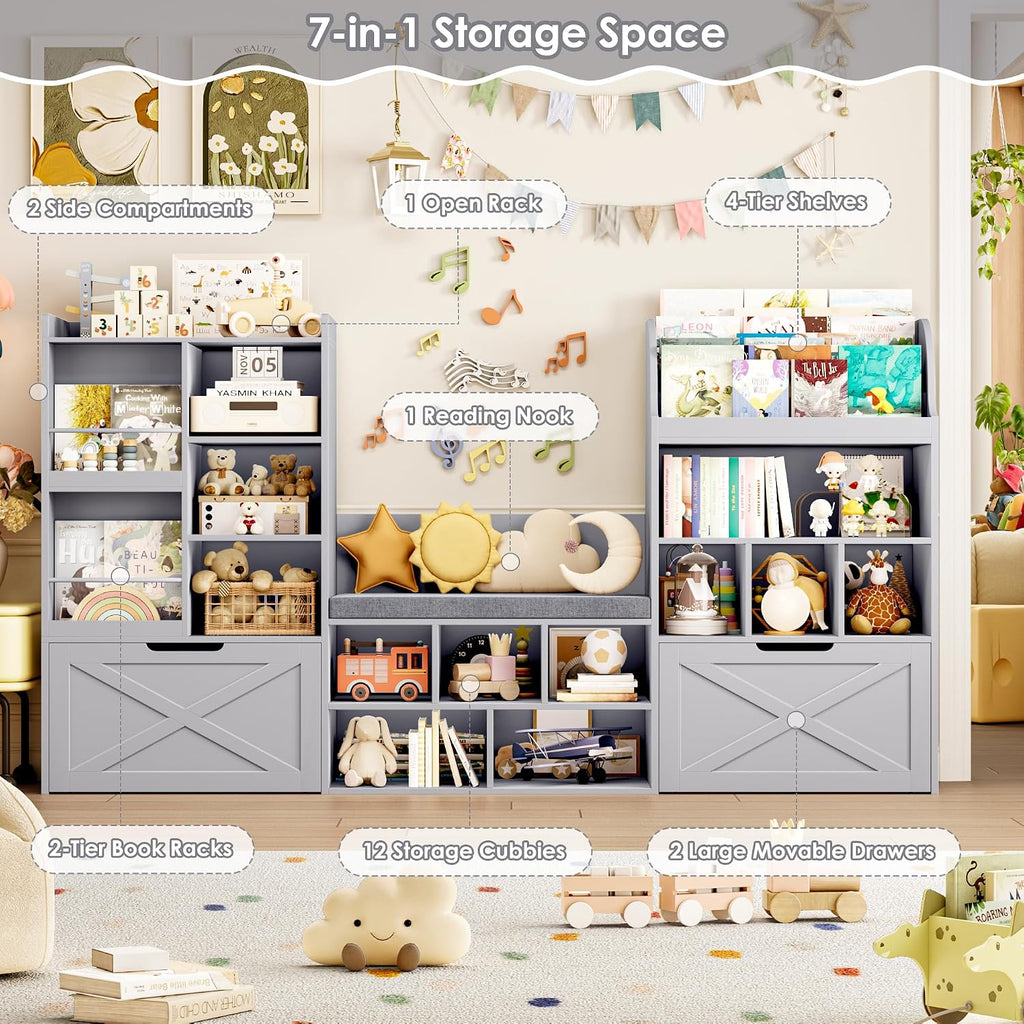 FINETONES 75' W Kids Bookshelf with Reading Nook, Large Toy Storage Toy Organizer with Seat Cushion and 2 Movable Drawers, Kids Reading Nook Kid Bench for Playroom Living Room, Grey