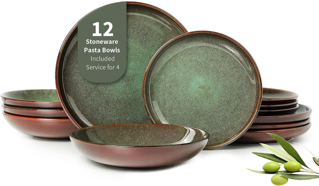 Pokini 12 Piece Dinnerware Sets with Pasta Bowls, Stain Resistant Dish Set, Easy Cleaning Dishes, Multi-Functional Plate and Bowl Set, Stack Compactly Plates, Service for 4 Sage Green