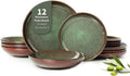 Pokini 12 Piece Dinnerware Sets with Pasta Bowls, Stain Resistant Dish Set, Easy Cleaning Dishes, Multi-Functional Plate and Bowl Set, Stack Compactly Plates, Service for 4 Sage Green