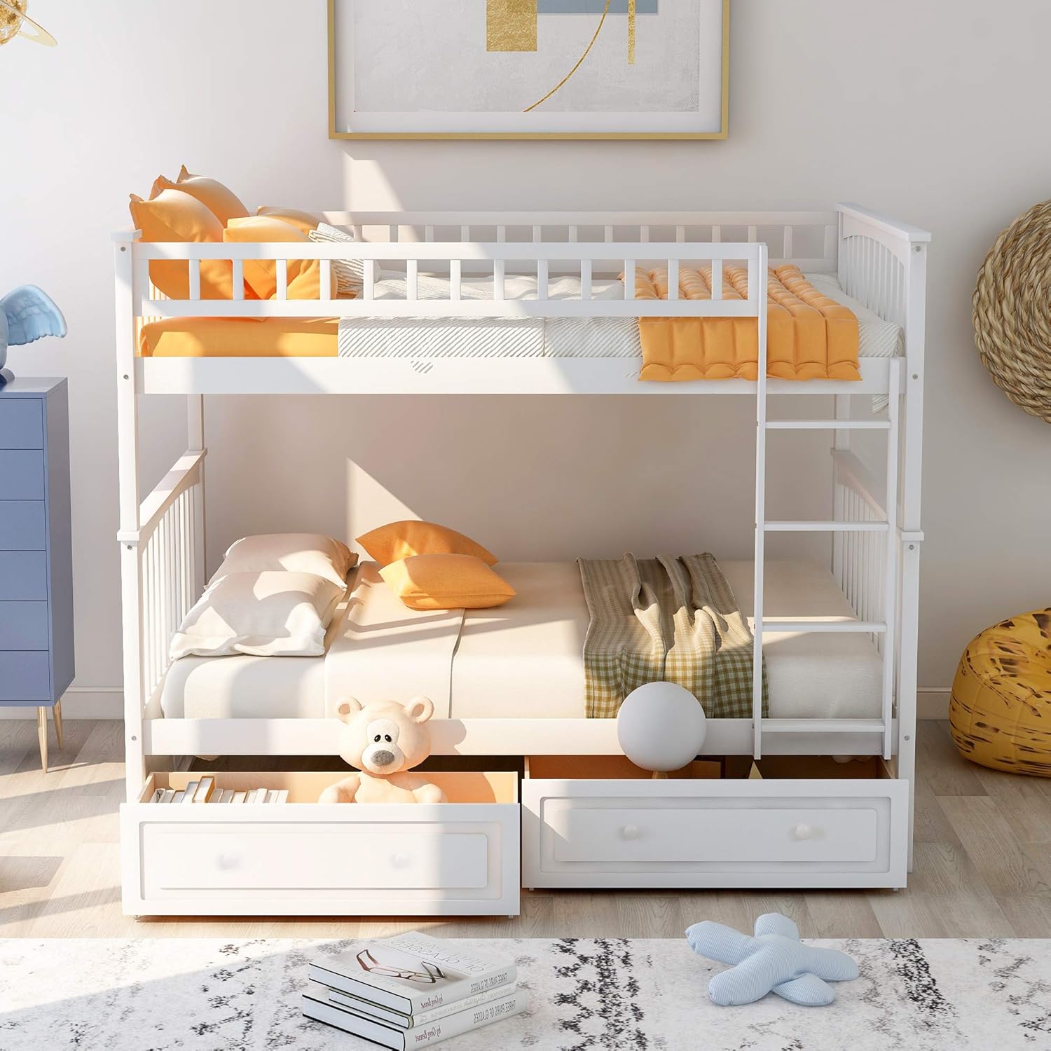 Full Over Full Wood Bunk Bed with Two Storage Drawers, Solid Wood Convertible Storage Bunk Bed Can Be Convertible to 2 Beds, Frame with Ladder, Safety Rail for Teens Adults (Gray)