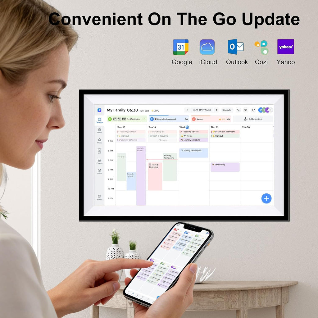 Digital Calendar Wall Touch Screen 15.6' HD Smart Family Planner | Whole-Family Schedule Sync, Chore Rewards & Meal Planning, Zero Subscription Fees, Photo Frame