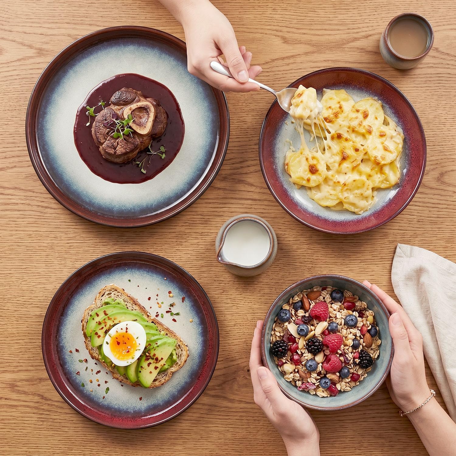 Ceramic Dinnerware (16 pcs) Serve 4 people, Plates and Bowls Sets,Handmade Reactive Glaze Dishes Set, Chip Resistant and Scratch Resistant, for Oven & Dishwasher & Microwave Safe