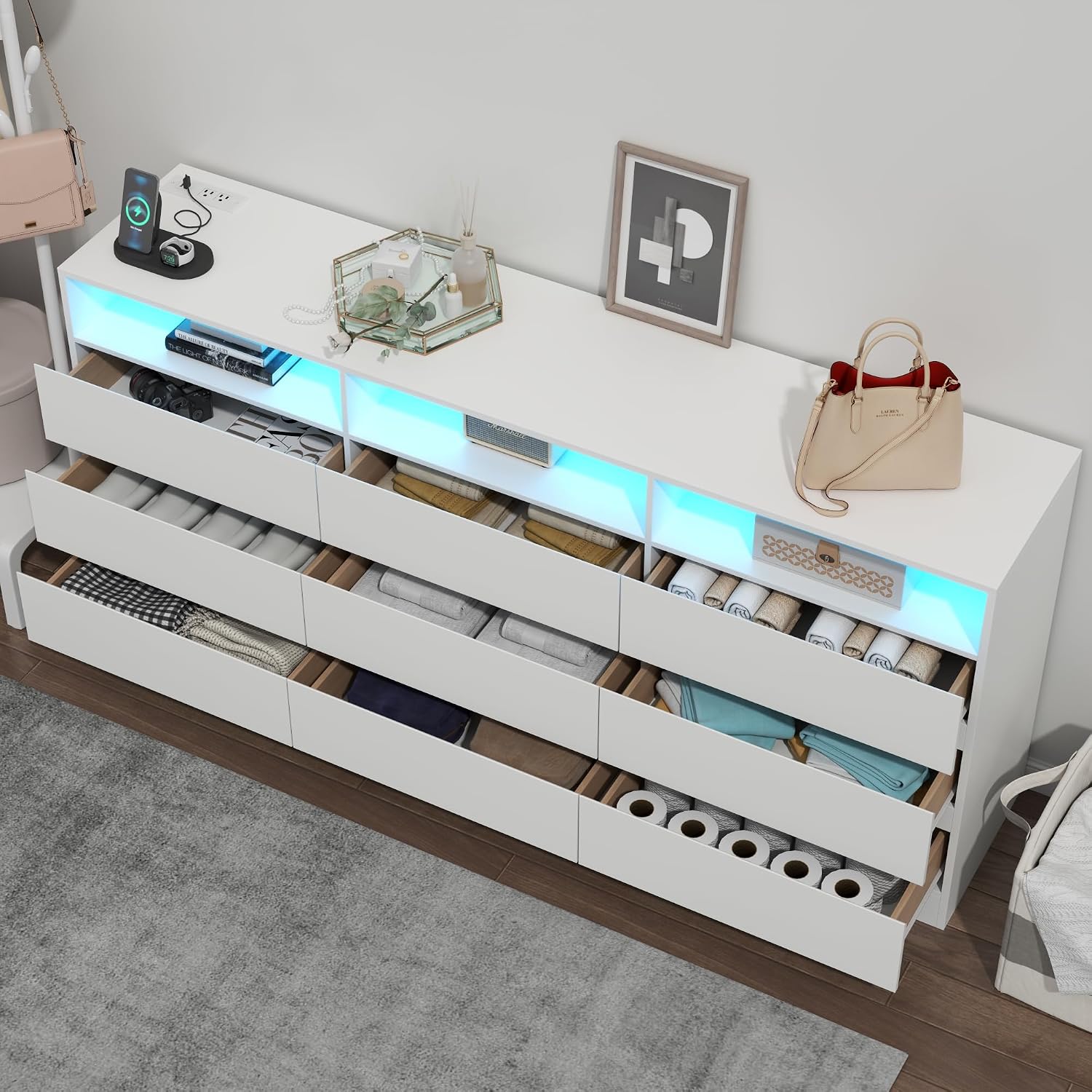 STIKELY 9 Drawer Dresser for Bedroom with Power Outlet and LED Light, Black Dresser Chest of Drawers for Closet, Modern Dressers Organizer Cabinet for Living Room, Entryway, Hallway (White)